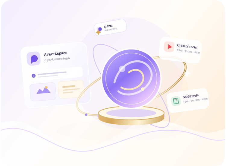 An illustrated CeveoAI workspace with floating AI, creator, and study tools